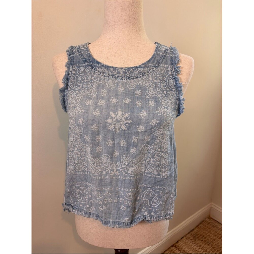For The Republic XS Chambray Bandana Print Tank Frayed Trim Button Back Boho Top